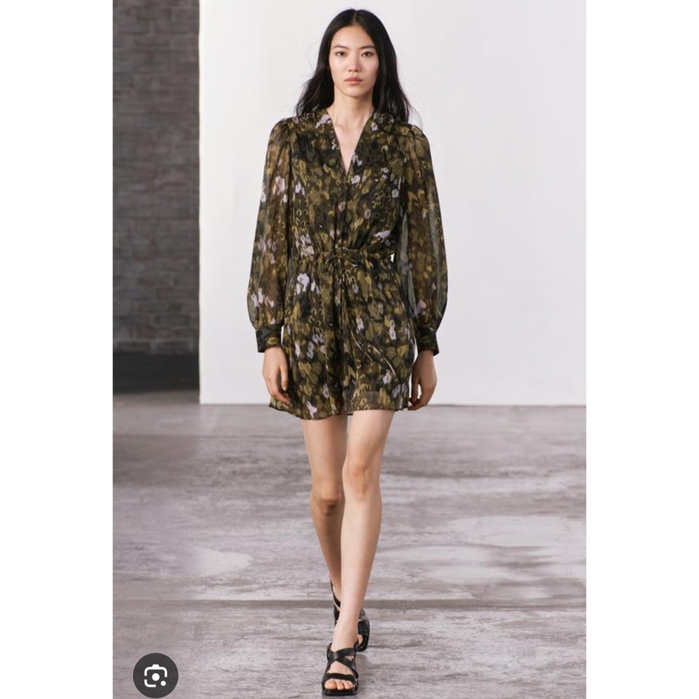 Zara Women's Olive Green Floral Print‎ Long Sleeve Mini Dress - Medium